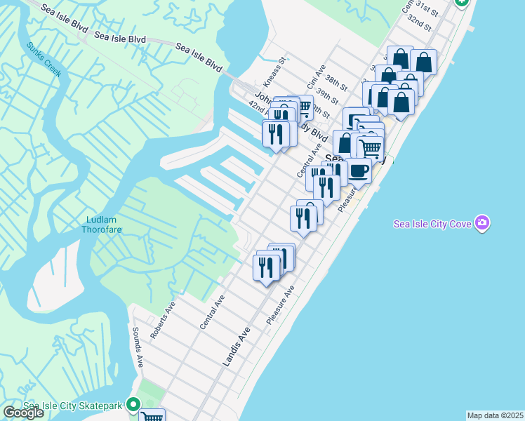 map of restaurants, bars, coffee shops, grocery stores, and more near 215 47th Street in Sea Isle City