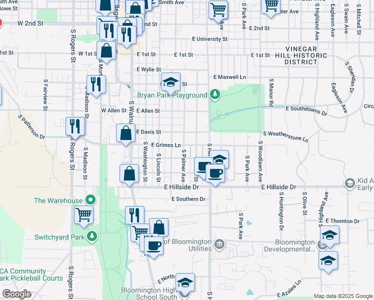 map of restaurants, bars, coffee shops, grocery stores, and more near 1203 South Palmer Avenue in Bloomington
