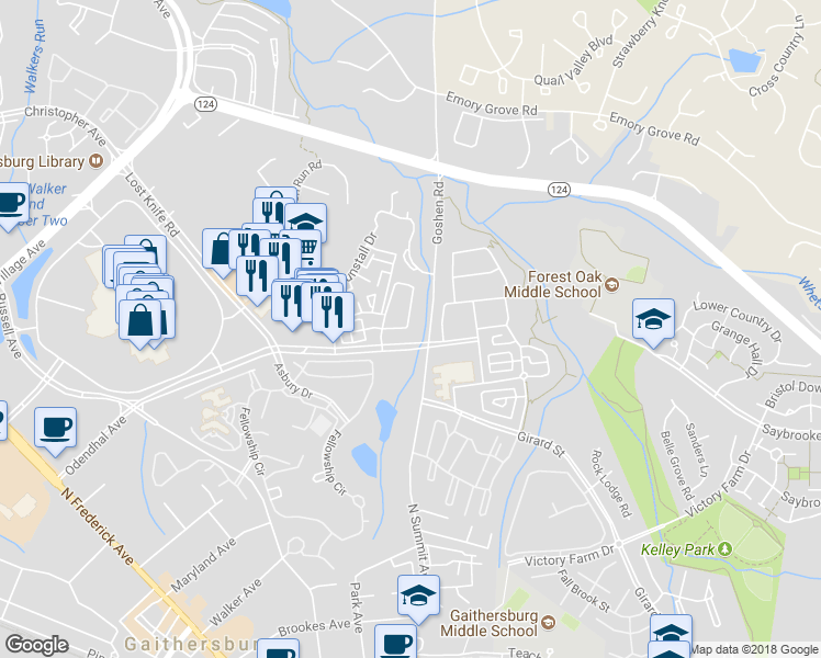 map of restaurants, bars, coffee shops, grocery stores, and more near 18039 Royal Bonnet Circle in Gaithersburg