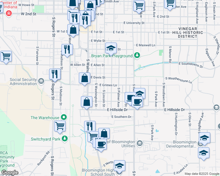 map of restaurants, bars, coffee shops, grocery stores, and more near 1204 South Grant Street in Bloomington