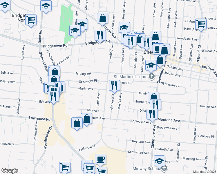 map of restaurants, bars, coffee shops, grocery stores, and more near 3604 Robb Avenue in Cincinnati