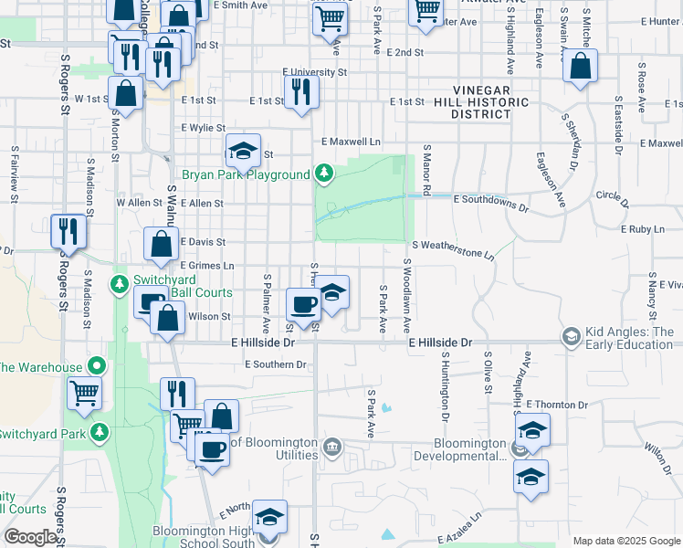 map of restaurants, bars, coffee shops, grocery stores, and more near 1202 South Fess Avenue in Bloomington
