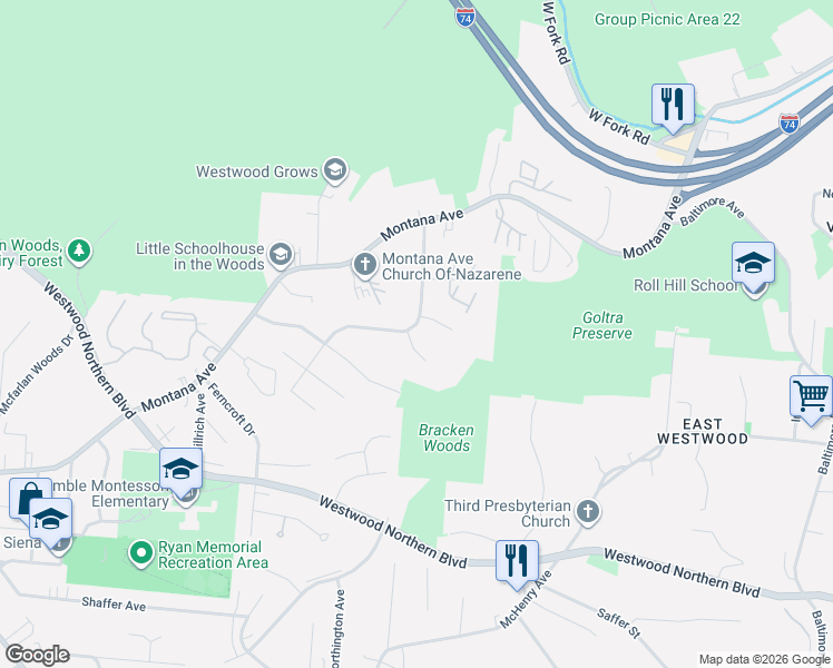 map of restaurants, bars, coffee shops, grocery stores, and more near 2513 Mustang Drive in Cincinnati