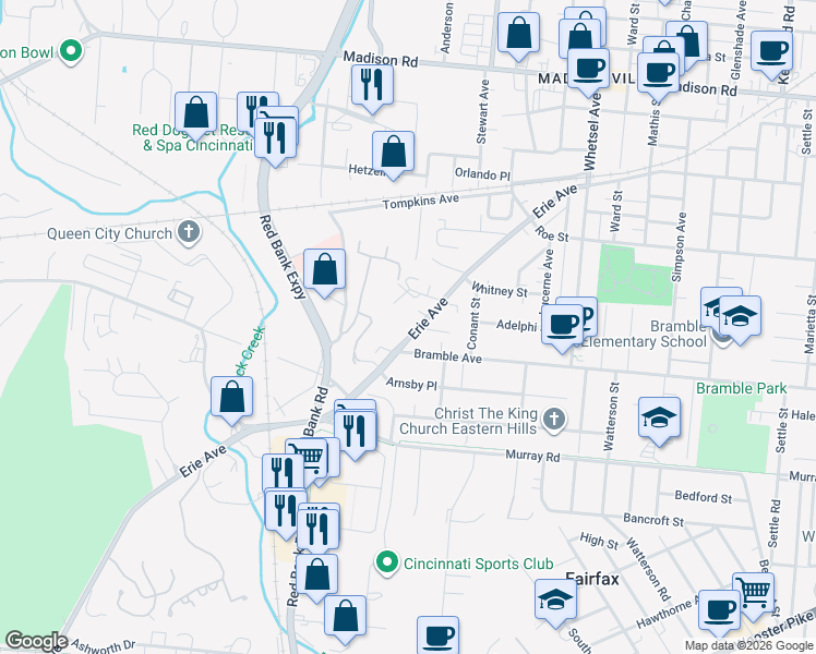 map of restaurants, bars, coffee shops, grocery stores, and more near 4315 Erie Avenue in Cincinnati