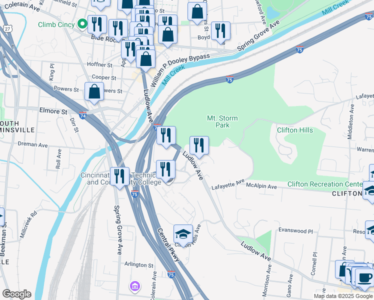 map of restaurants, bars, coffee shops, grocery stores, and more near 974 Ludlow Avenue in Cincinnati
