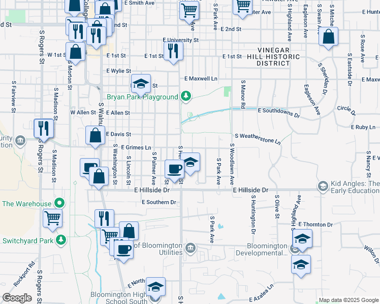 map of restaurants, bars, coffee shops, grocery stores, and more near 1202 South Fess Avenue in Bloomington