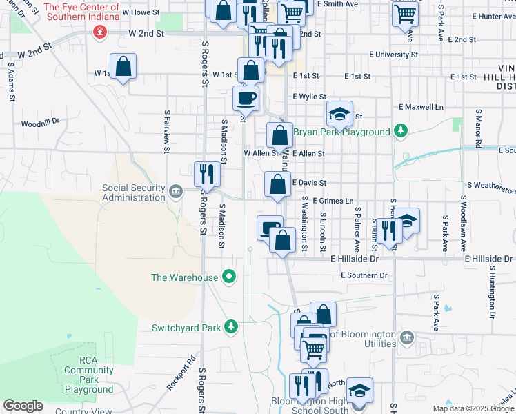 map of restaurants, bars, coffee shops, grocery stores, and more near 227 W Grimes Ln in Bloomington