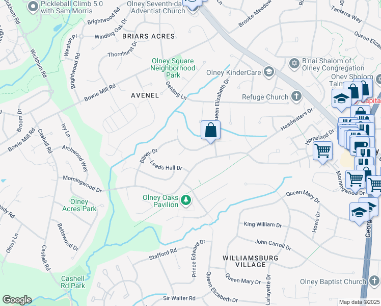 map of restaurants, bars, coffee shops, grocery stores, and more near 4024 Shallow Brook Lane in Olney