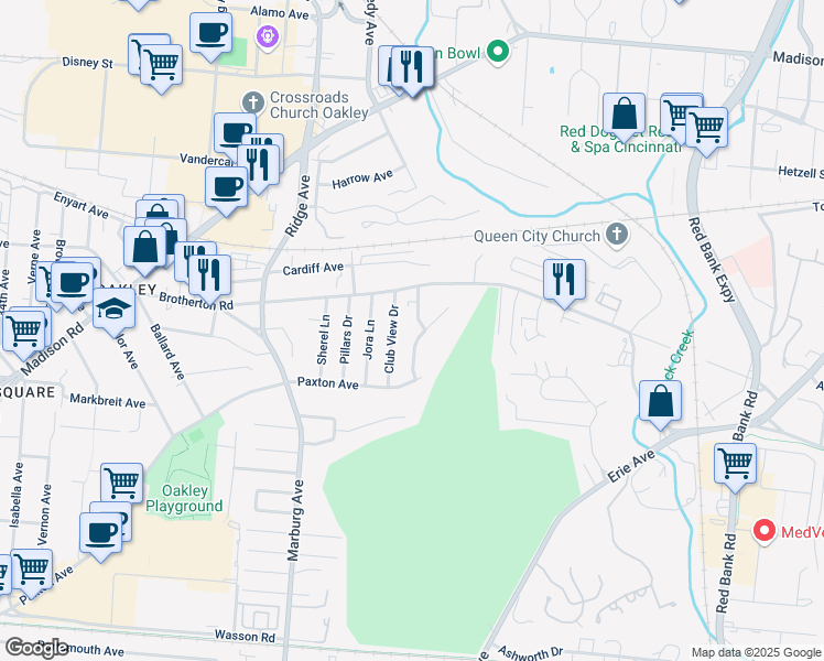 map of restaurants, bars, coffee shops, grocery stores, and more near 4143 Paxton Woods Drive in Cincinnati