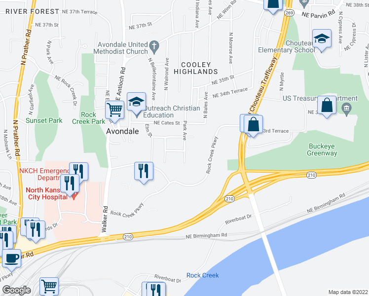 map of restaurants, bars, coffee shops, grocery stores, and more near 2818 Park Avenue in Kansas City