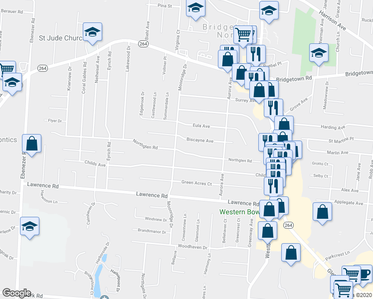 map of restaurants, bars, coffee shops, grocery stores, and more near 5668 Northglen Road in Cincinnati