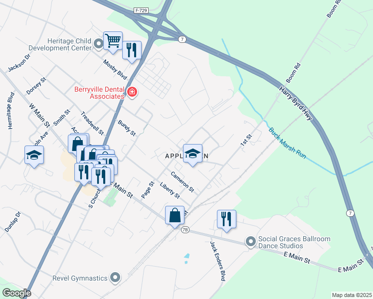 map of restaurants, bars, coffee shops, grocery stores, and more near 128 Virginia Avenue in Berryville