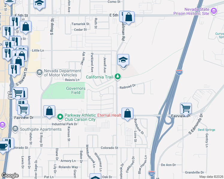 map of restaurants, bars, coffee shops, grocery stores, and more near 1448 Teal Drive in Carson City