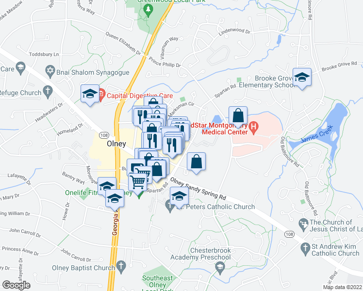 map of restaurants, bars, coffee shops, grocery stores, and more near 18141 Town Center Drive in Olney