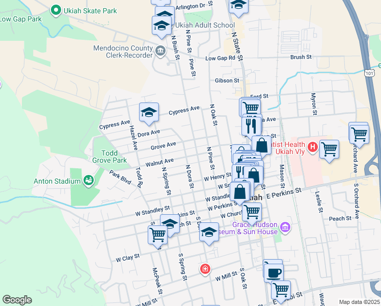map of restaurants, bars, coffee shops, grocery stores, and more near 514 Walnut Avenue in Ukiah