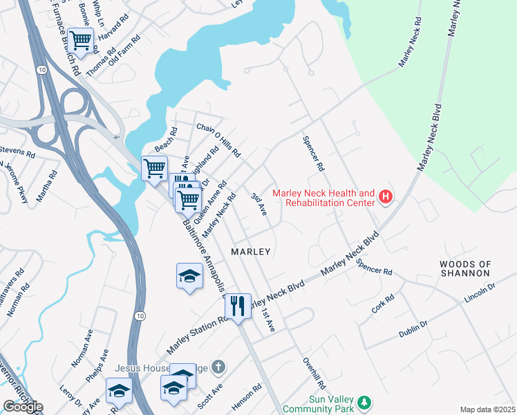 map of restaurants, bars, coffee shops, grocery stores, and more near 7626 3rd Avenue in Glen Burnie