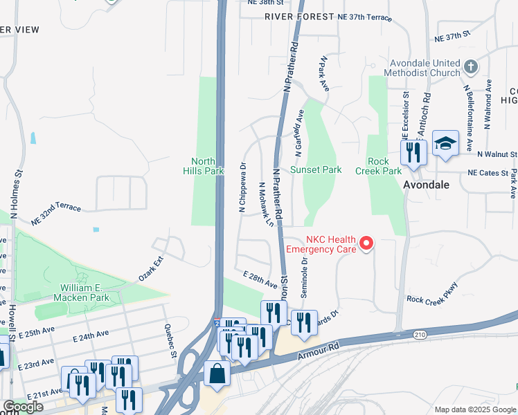 map of restaurants, bars, coffee shops, grocery stores, and more near 3228 North Mohawk Lane in Kansas City