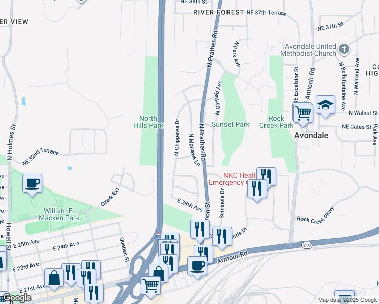 map of restaurants, bars, coffee shops, grocery stores, and more near 3228 North Mohawk Lane in Kansas City