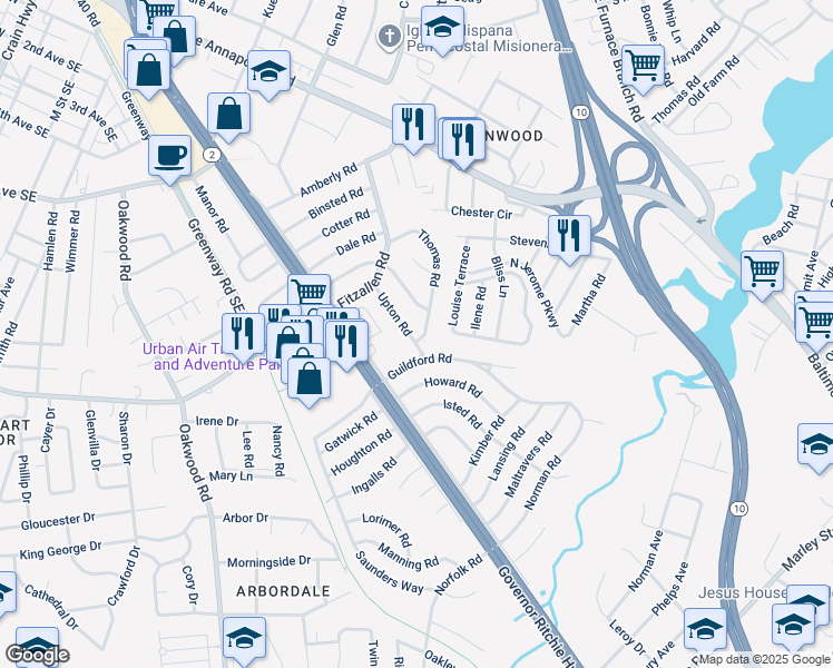 map of restaurants, bars, coffee shops, grocery stores, and more near 1022 Upton Road in Glen Burnie