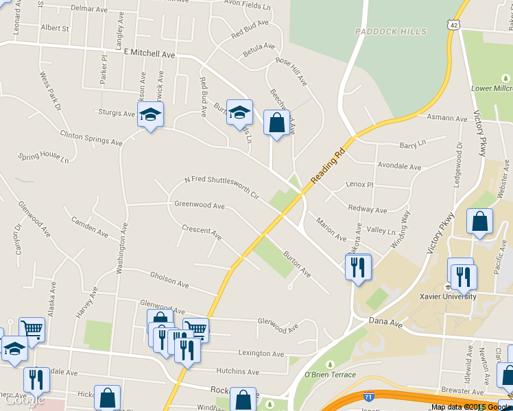 map of restaurants, bars, coffee shops, grocery stores, and more near 807 North Fred Shuttlesworth Circle in Cincinnati