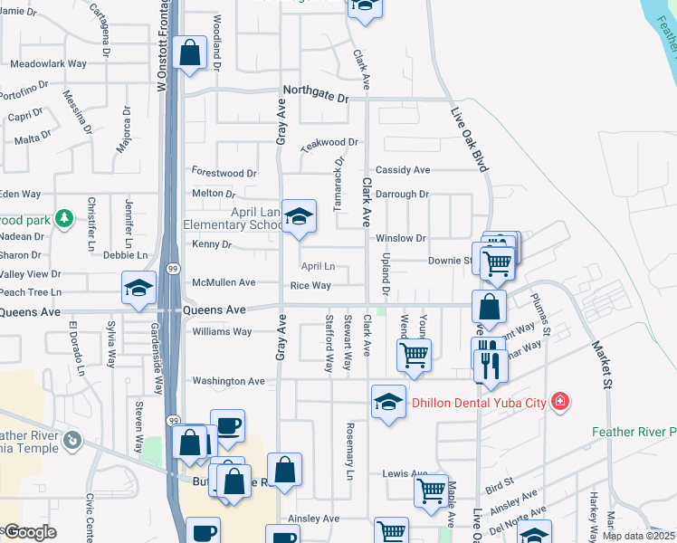 map of restaurants, bars, coffee shops, grocery stores, and more near 740 April Lane in Yuba City