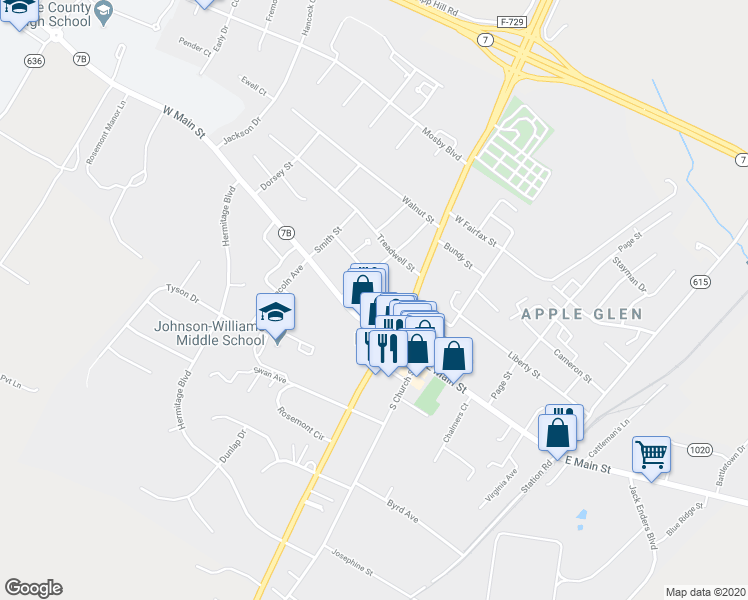 map of restaurants, bars, coffee shops, grocery stores, and more near 117 Academy Street in Berryville