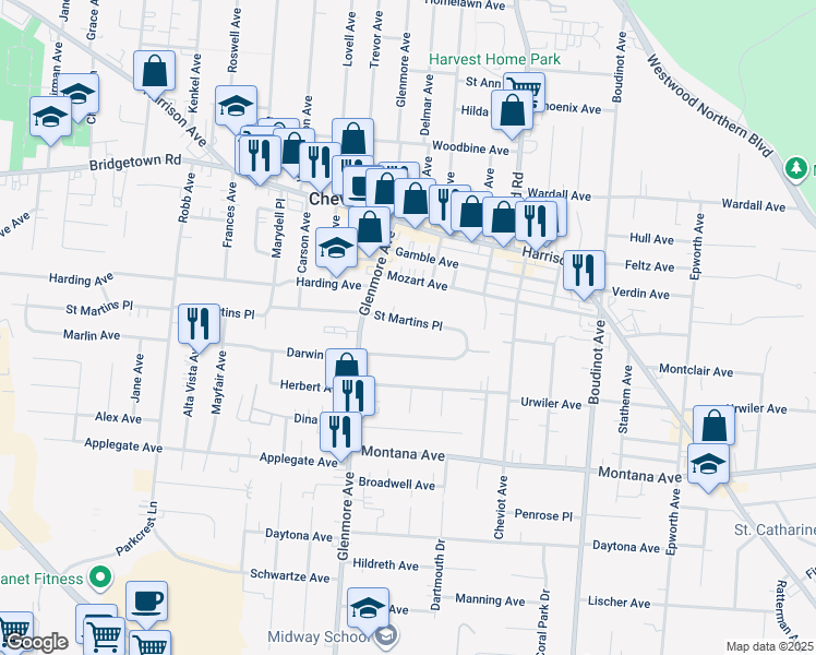map of restaurants, bars, coffee shops, grocery stores, and more near 3613 Saint Martins Place in Cincinnati