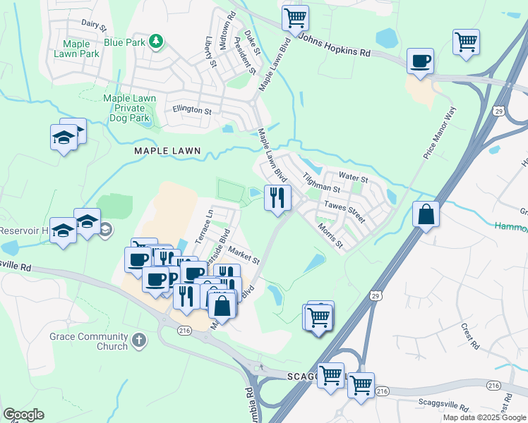 map of restaurants, bars, coffee shops, grocery stores, and more near 8130 Maple Lawn Boulevard in Fulton