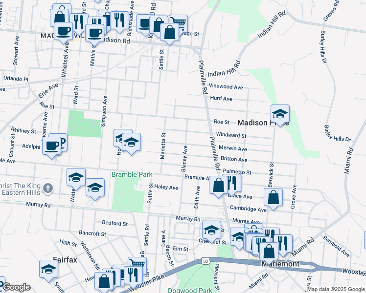map of restaurants, bars, coffee shops, grocery stores, and more near 6705 Merwin Avenue in Cincinnati