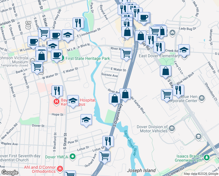 map of restaurants, bars, coffee shops, grocery stores, and more near 731 River Road in Dover