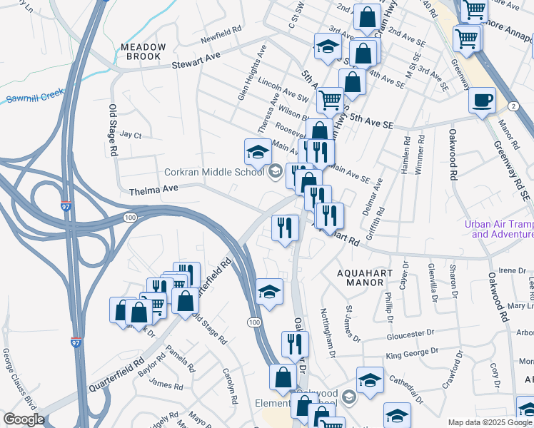 map of restaurants, bars, coffee shops, grocery stores, and more near 205 Thelma Avenue in Glen Burnie