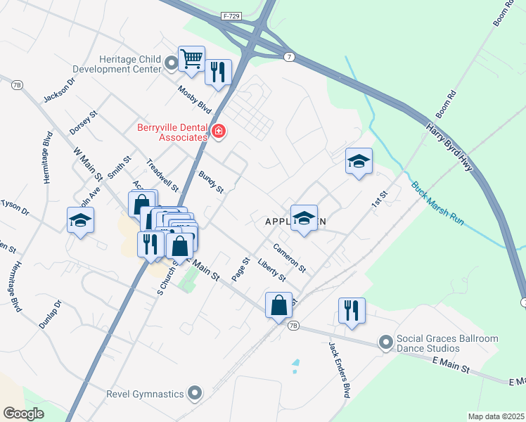 map of restaurants, bars, coffee shops, grocery stores, and more near 22 Byrd Avenue in Berryville