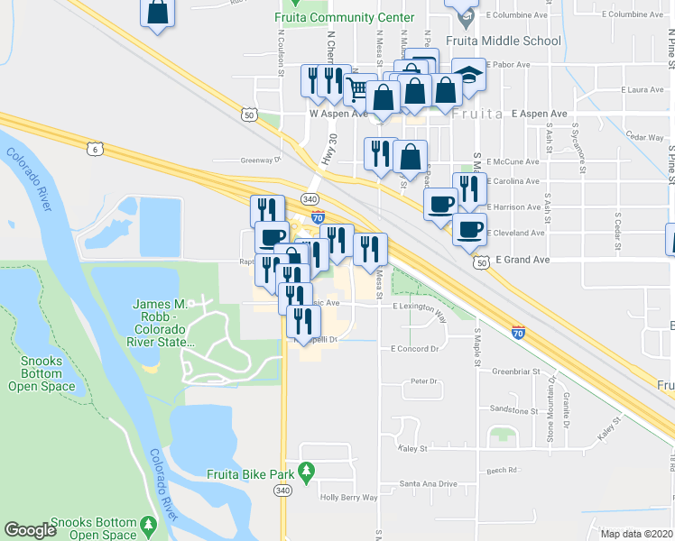 map of restaurants, bars, coffee shops, grocery stores, and more near 455 Kokopelli Drive in Fruita