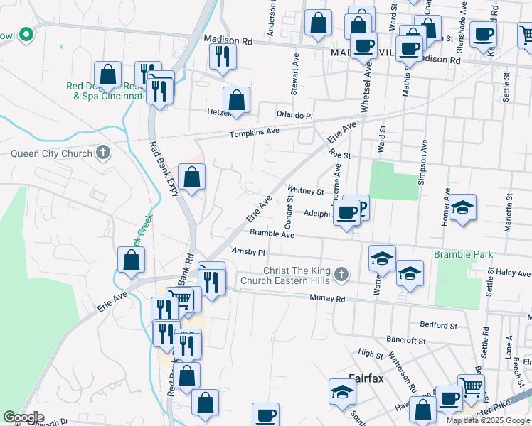 map of restaurants, bars, coffee shops, grocery stores, and more near 4330 Erie Avenue in Cincinnati
