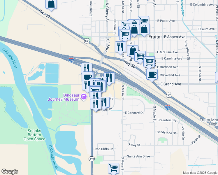 map of restaurants, bars, coffee shops, grocery stores, and more near 455 Kokopelli Drive in Fruita