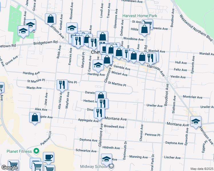 map of restaurants, bars, coffee shops, grocery stores, and more near 3622 Glenmore Avenue in Cincinnati