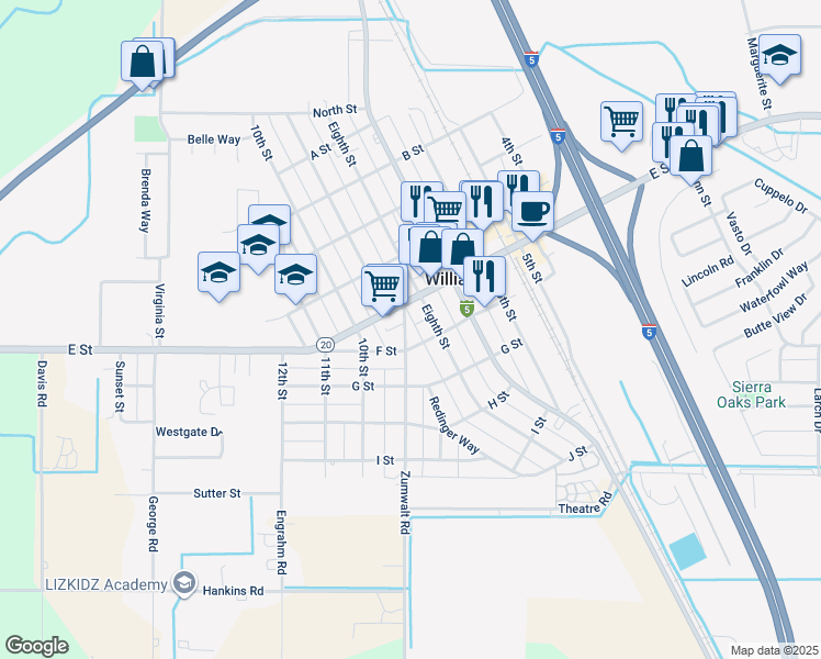 map of restaurants, bars, coffee shops, grocery stores, and more near 557 9th Street in Williams