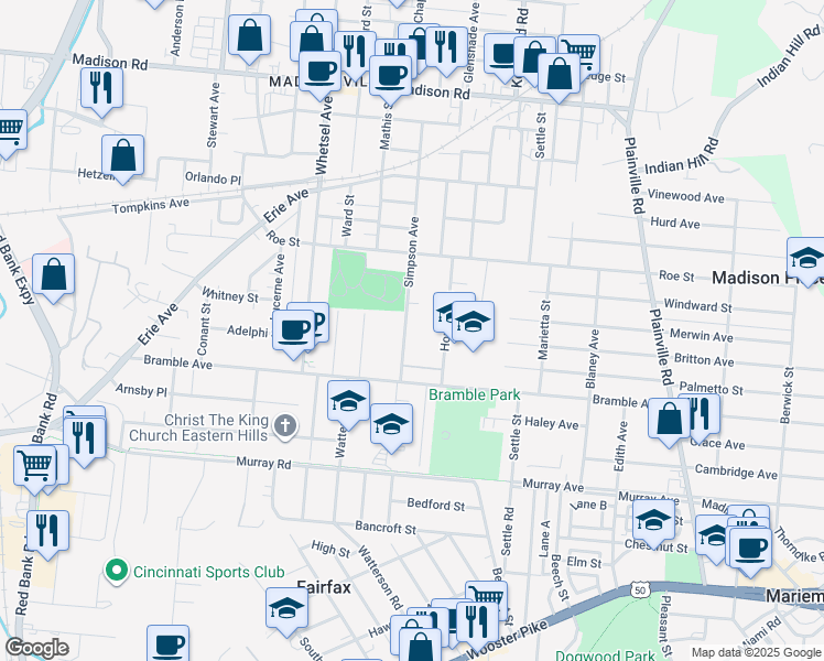 map of restaurants, bars, coffee shops, grocery stores, and more near 4402 Simpson Avenue in Cincinnati