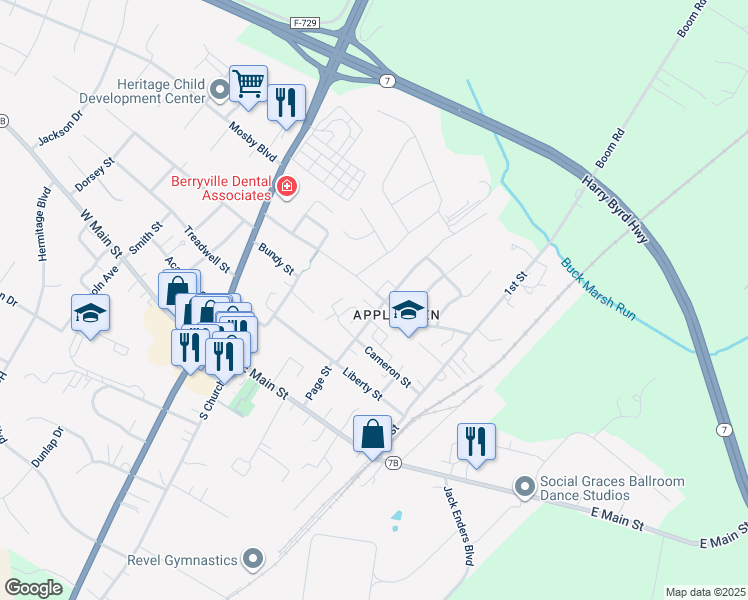 map of restaurants, bars, coffee shops, grocery stores, and more near 127 East Fairfax Street in Berryville