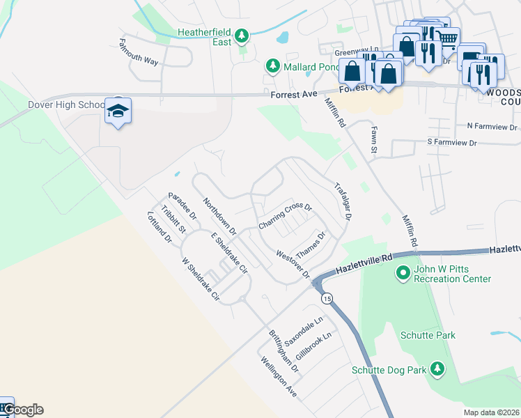 map of restaurants, bars, coffee shops, grocery stores, and more near 500 Fairnest Court in Dover