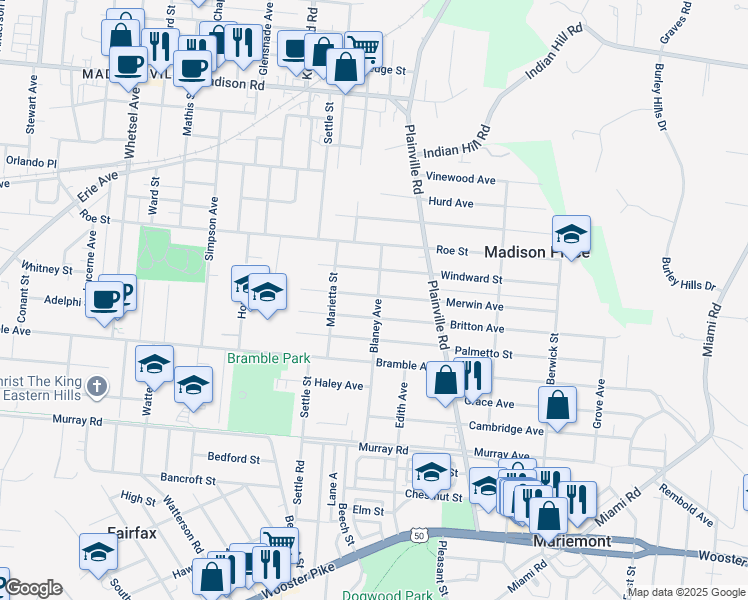 map of restaurants, bars, coffee shops, grocery stores, and more near 6705 Merwin Avenue in Cincinnati