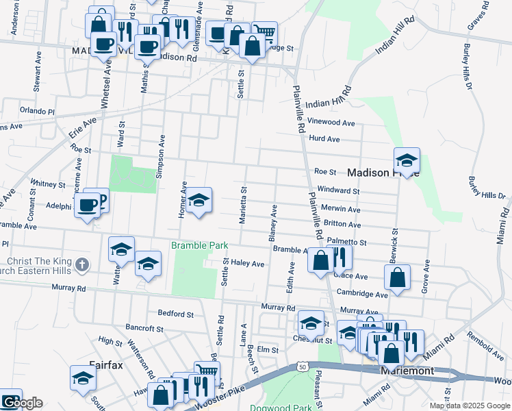 map of restaurants, bars, coffee shops, grocery stores, and more near 6611 Merwin Avenue in Cincinnati