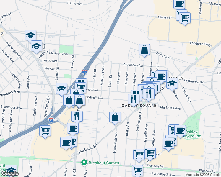 map of restaurants, bars, coffee shops, grocery stores, and more near 4101 Eileen Drive in Cincinnati