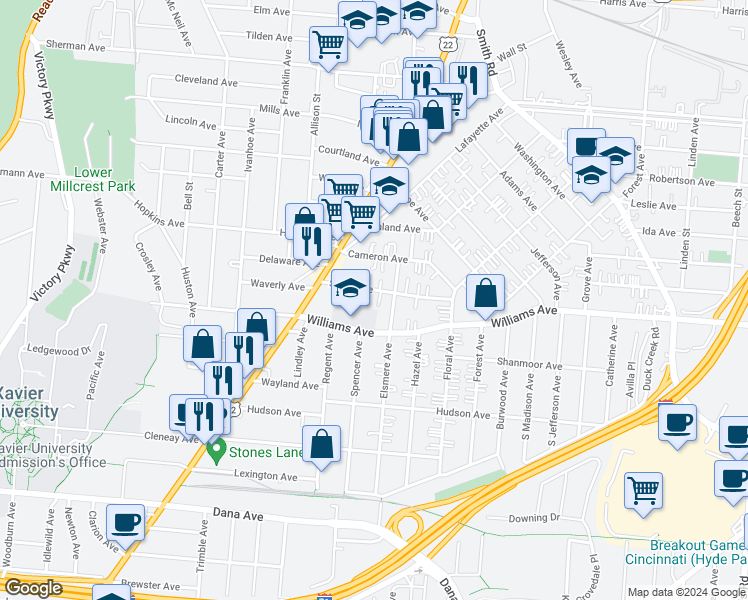 map of restaurants, bars, coffee shops, grocery stores, and more near 2149 Slane Avenue in Cincinnati