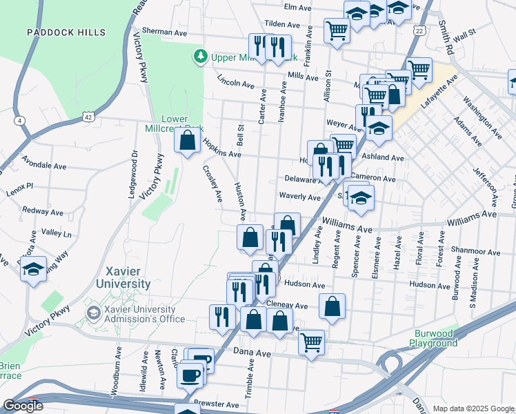 map of restaurants, bars, coffee shops, grocery stores, and more near 4005 Ivanhoe Avenue in Cincinnati