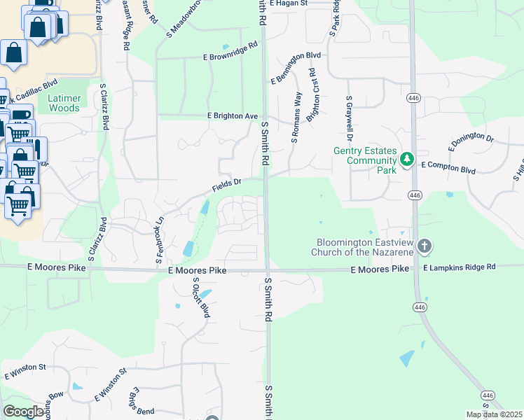 map of restaurants, bars, coffee shops, grocery stores, and more near 1305 South Stella Drive in Bloomington