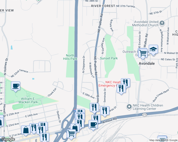 map of restaurants, bars, coffee shops, grocery stores, and more near 3228 North Mohawk Lane in Kansas City