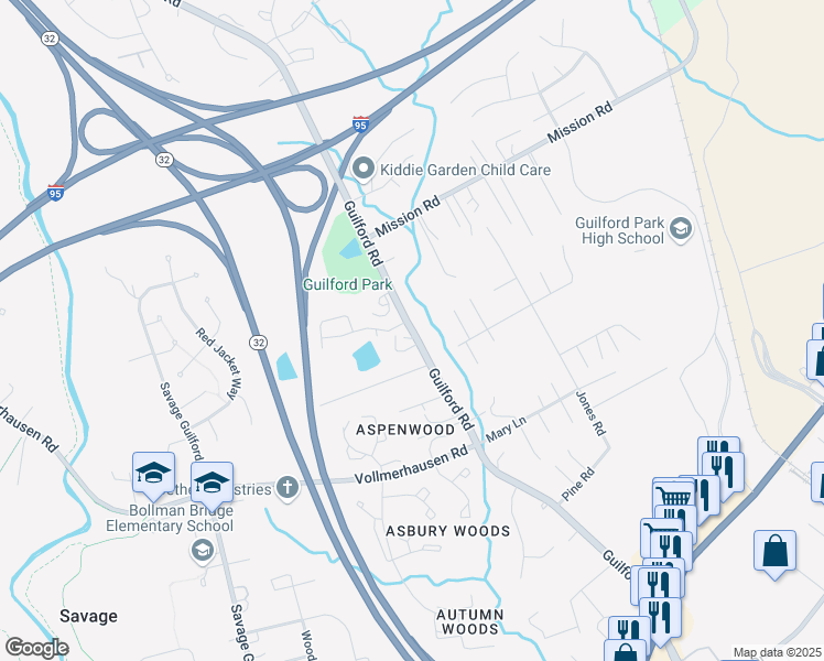 map of restaurants, bars, coffee shops, grocery stores, and more near 9986 Guilford Rd in Jessup