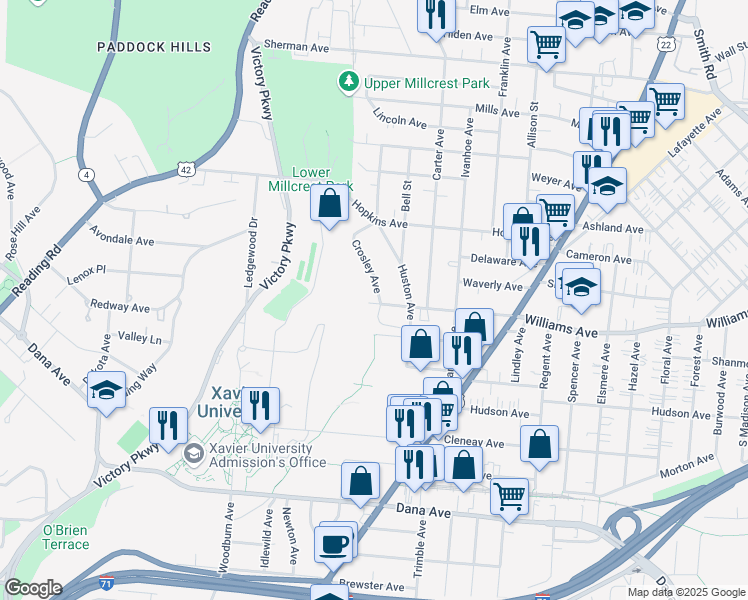 map of restaurants, bars, coffee shops, grocery stores, and more near 4003 Crosley Avenue in Cincinnati