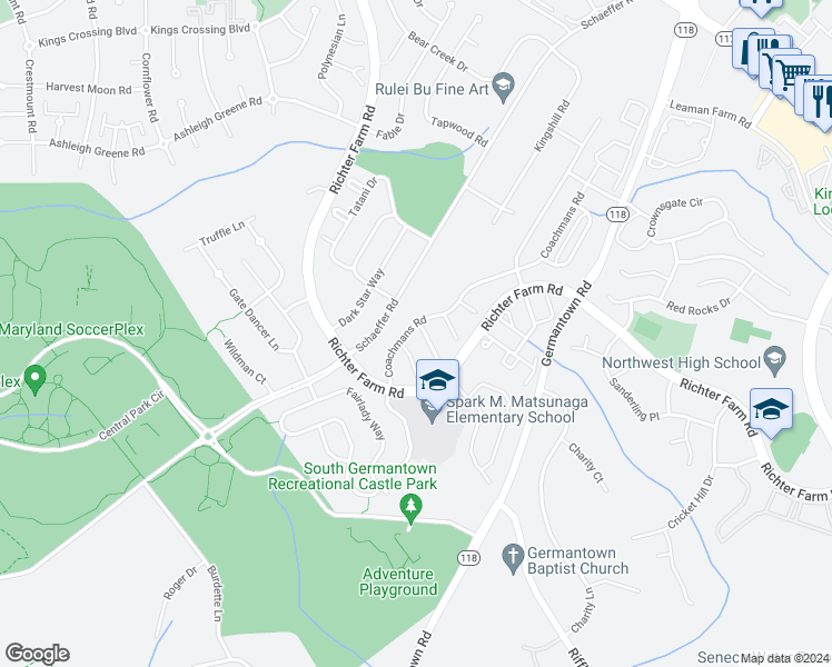 map of restaurants, bars, coffee shops, grocery stores, and more near 14014 Falconcrest Road in Germantown